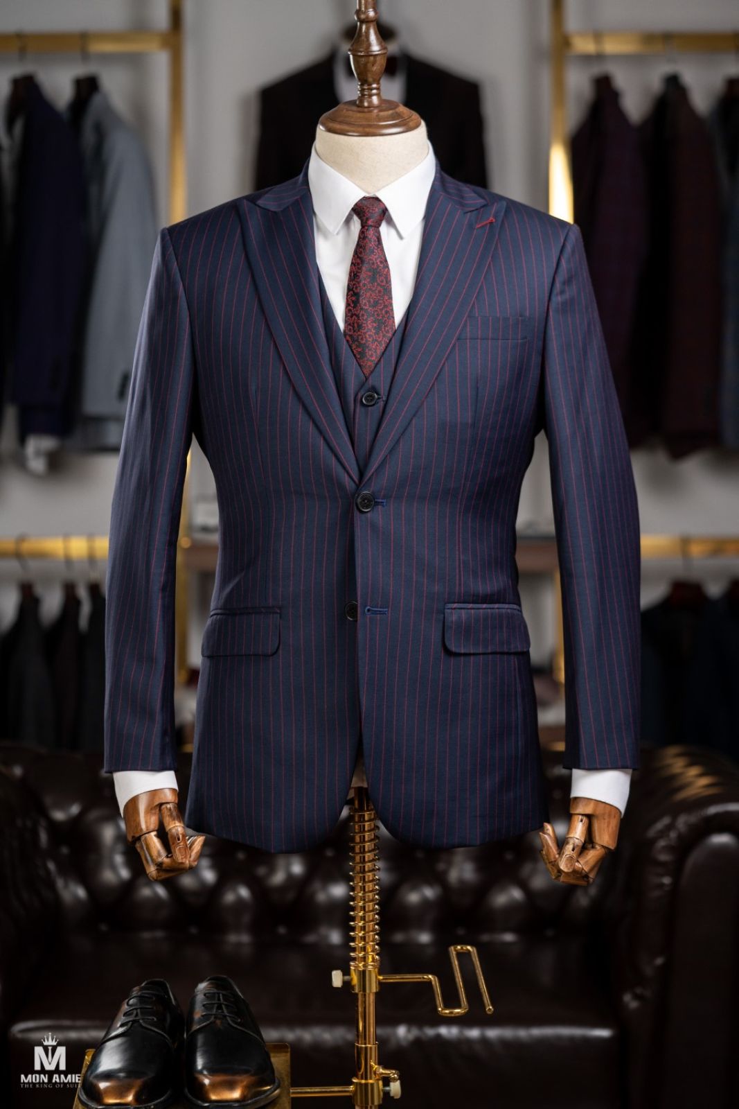 3 Pieces Red Striped Navy Suit 